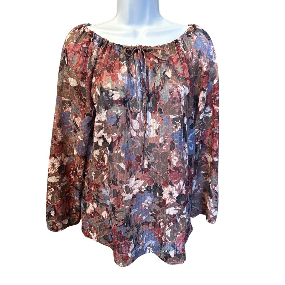 Queensway 🌸 Floral Boho Peasant Blouse – Textured Tie‑Neck Top plus size S